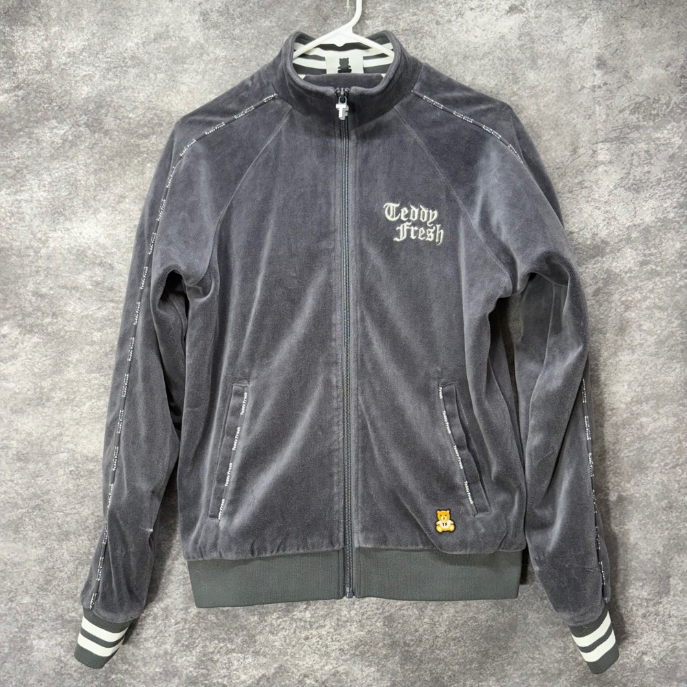 Teddy Fresh Velour Track Jacket Mens XS Gray Embroidered Bear Logo Full Zip